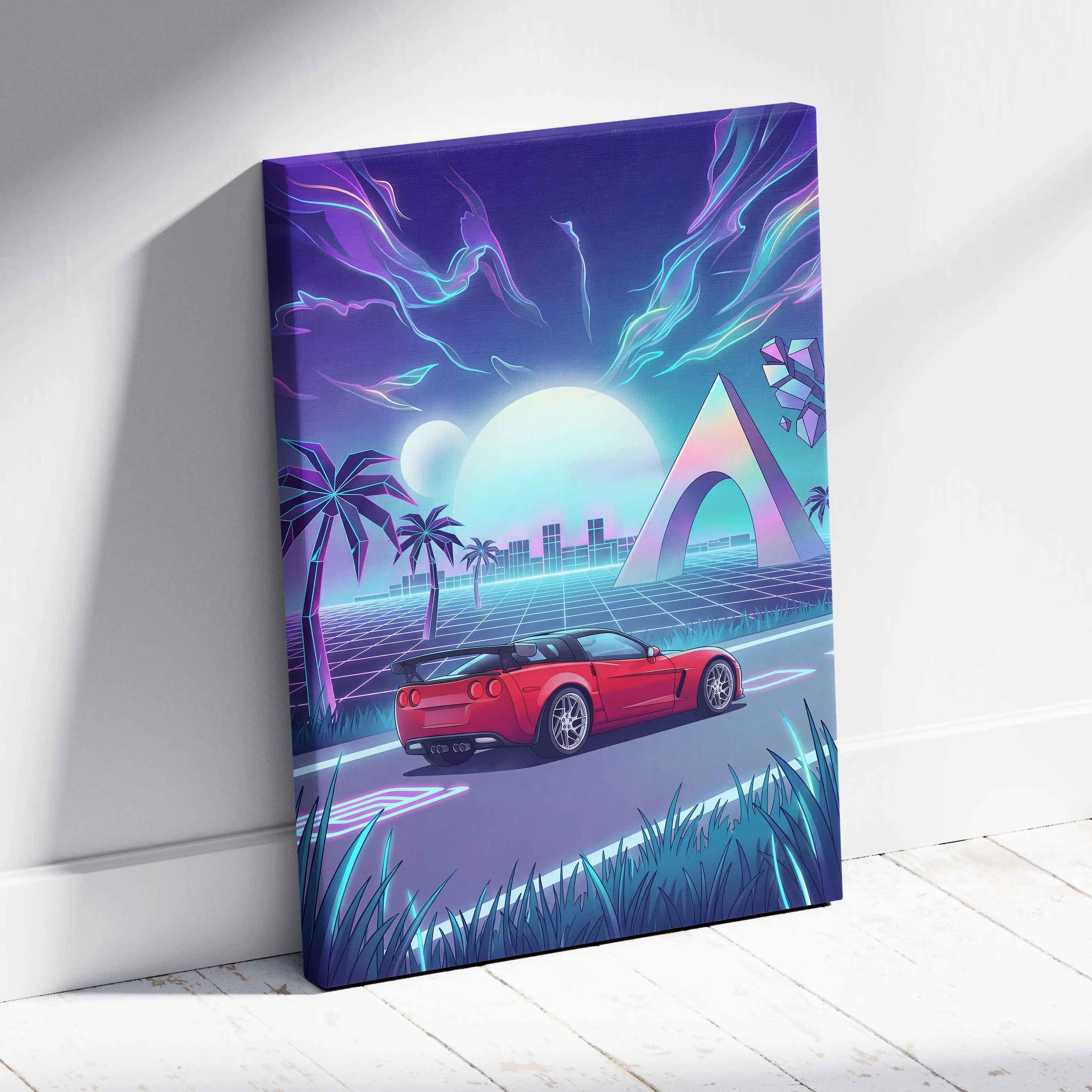 Chevrolet Corvette C6 Inspired Red Blue Canvas Wall Art Vaporwave Tropical Road Car Artwork, Neon Sunset Garage Decor