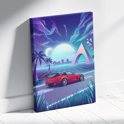 Chevrolet Corvette C6 Inspired Red Blue Canvas Wall Art Vaporwave Tropical Road Car Artwork, Neon Sunset Garage Decor