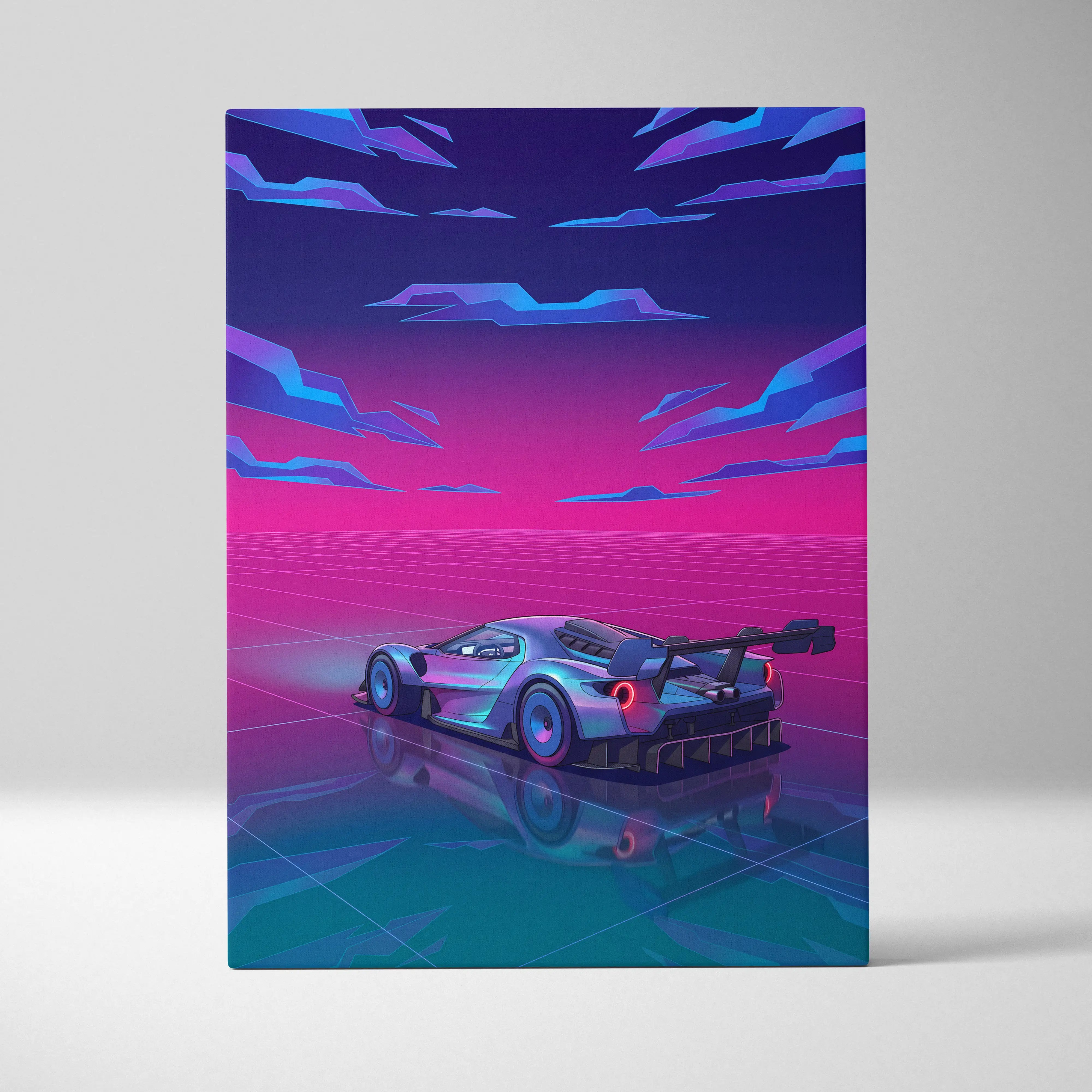 Ford gt inspired silver pink canvas wall art featuring a neon cyberpunk nissan gt-r with glowing pink purple and blue hues