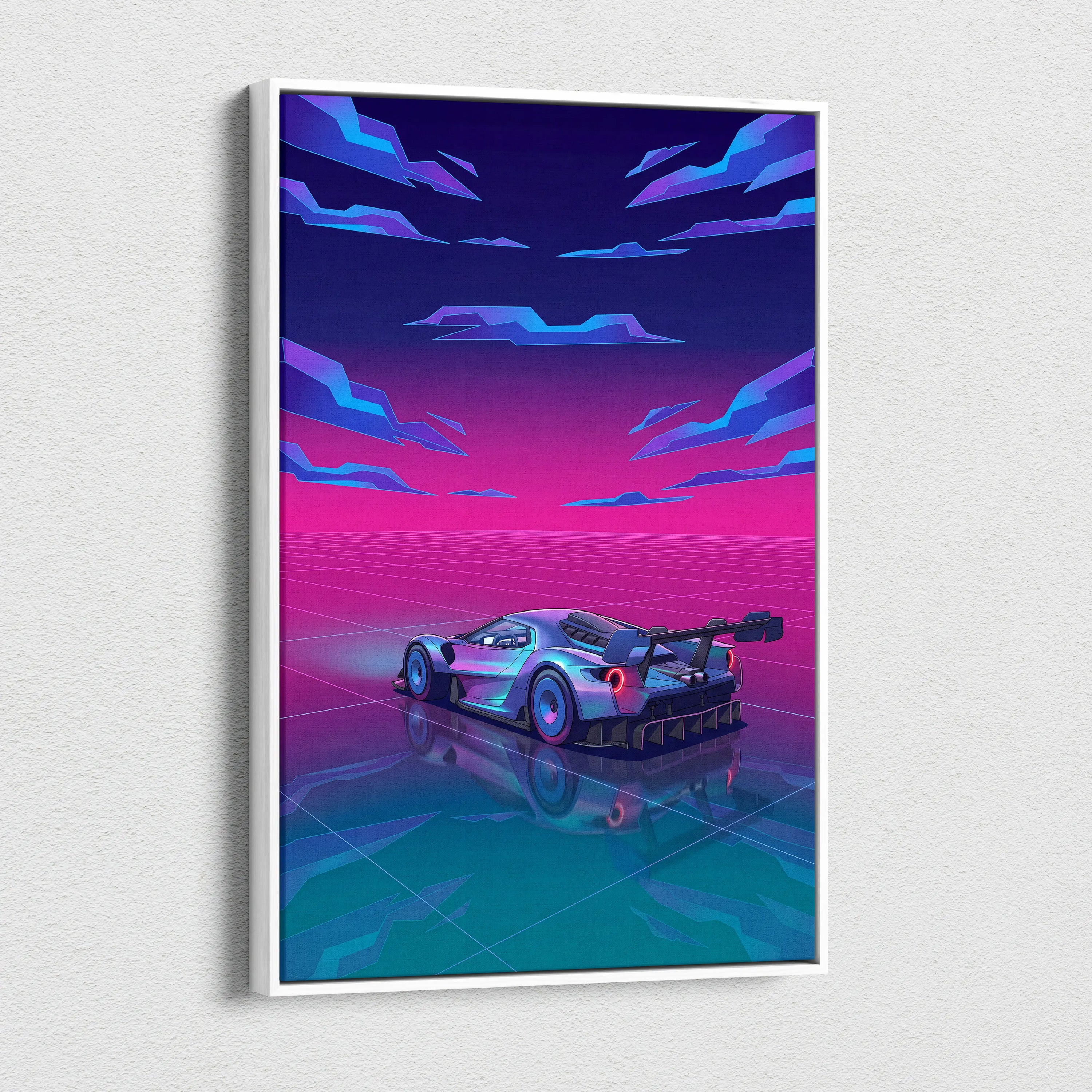 Ford GT Inspired Silver Pink Canvas Wall Art, Vaporwave Supercar Artwork, Neon Grid Garage Decor, Retro Futuristic Exotic Car Print