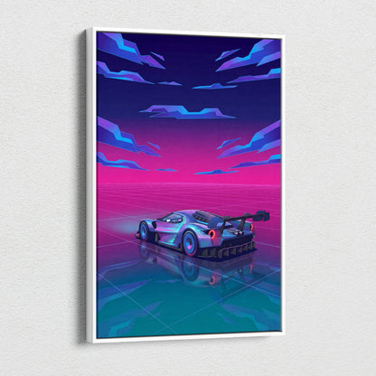 Ford GT Inspired Silver Pink Canvas Wall Art, Vaporwave Supercar Artwork, Neon Grid Garage Decor, Retro Futuristic Exotic Car Print