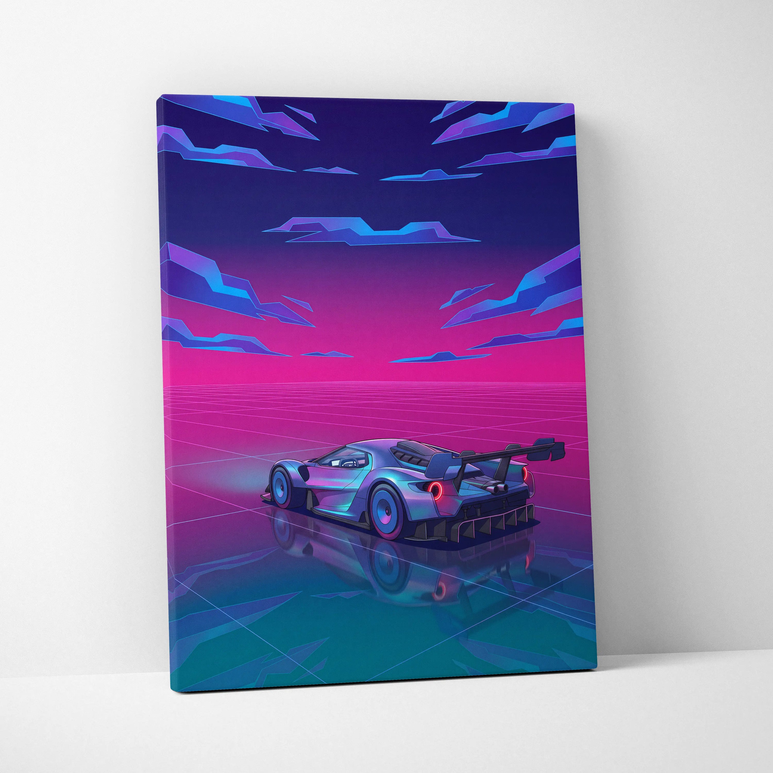 Ford GT Inspired Silver Pink Canvas Wall Art, Vaporwave Supercar Artwork, Neon Grid Garage Decor, Retro Futuristic Exotic Car Print