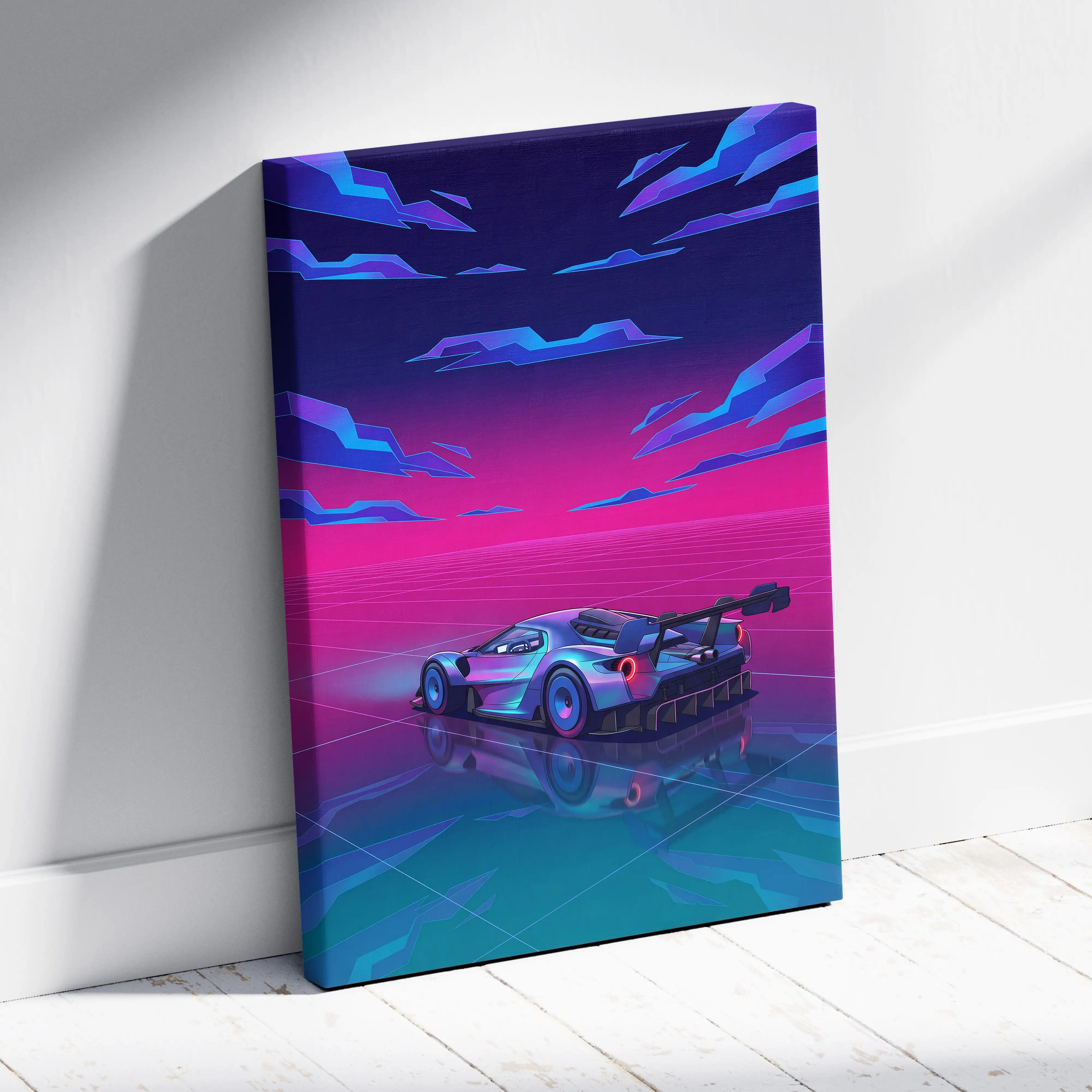 Ford GT Inspired Silver Pink Canvas Wall Art, Vaporwave Supercar Artwork, Neon Grid Garage Decor, Retro Futuristic Exotic Car Print