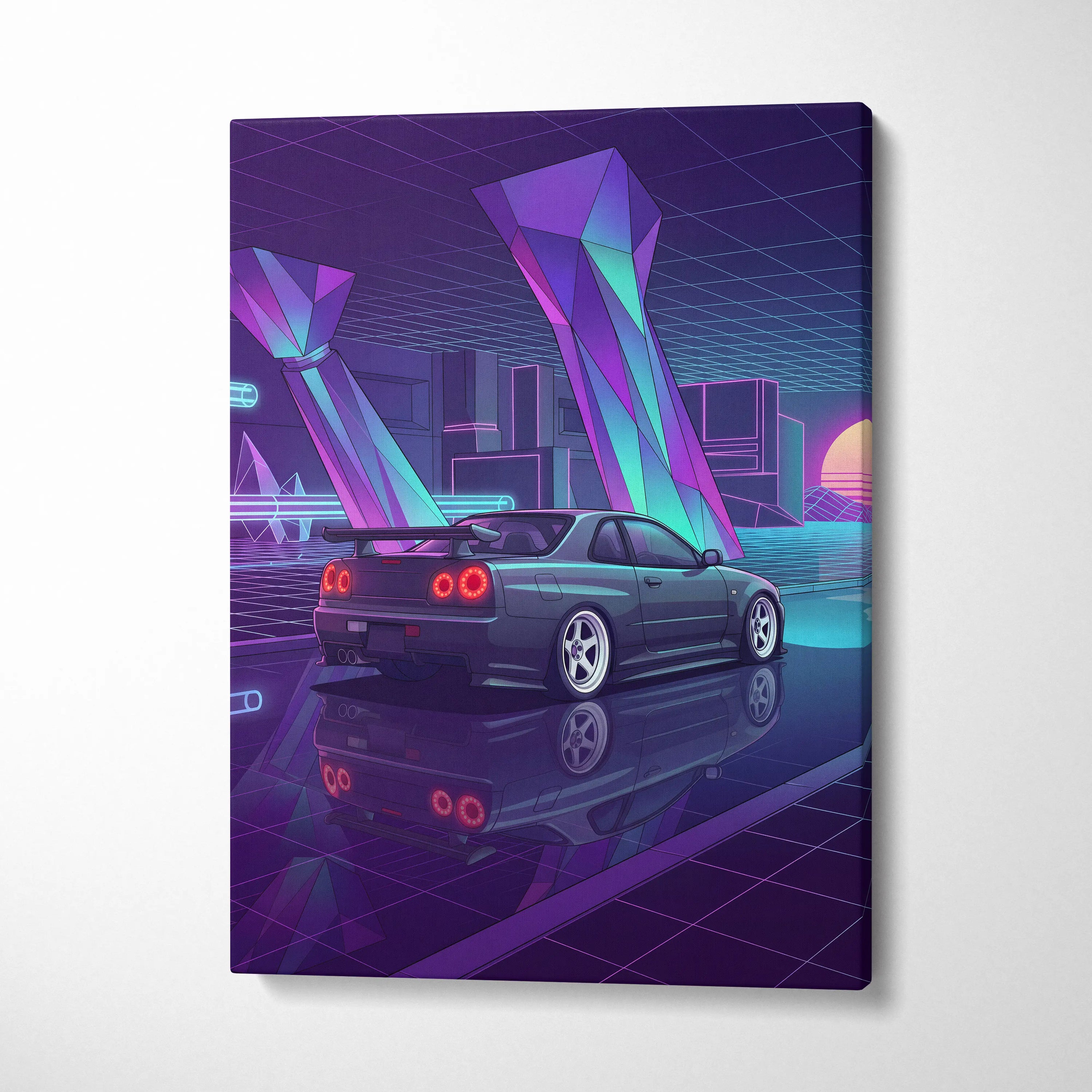 Nissan Skyline GT-R R34 Inspired Blue Purple Canvas Wall Art Vaporwave Neon City JDM Car Artwork, Cyberpunk Garage Decor