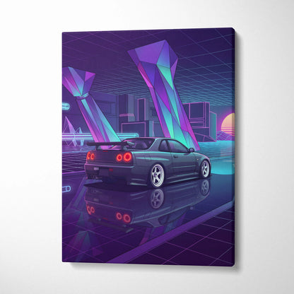 Nissan Skyline GT-R R34 Inspired Blue Purple Canvas Wall Art Vaporwave Neon City JDM Car Artwork, Cyberpunk Garage Decor