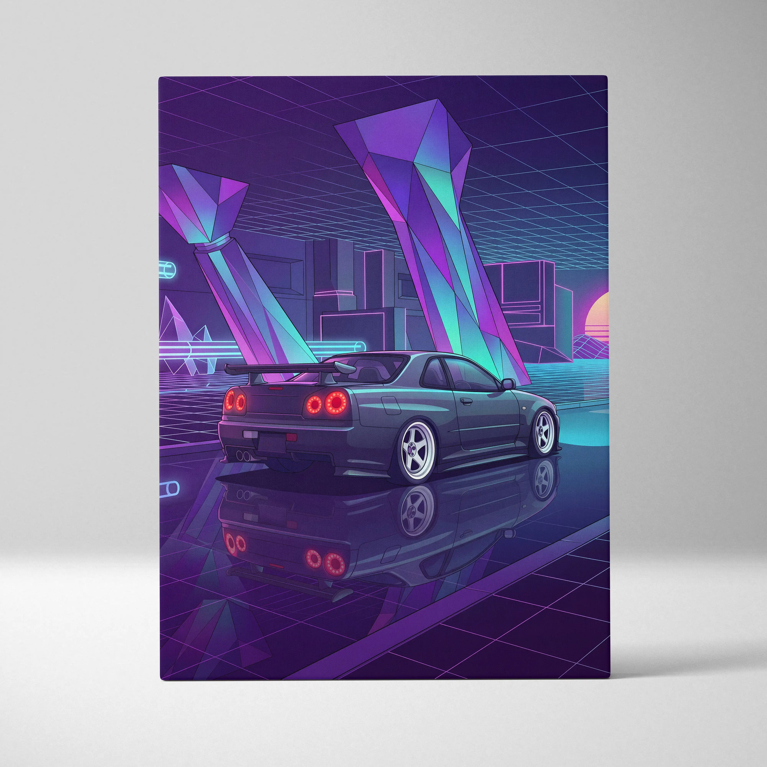 Nissan Skyline GT-R R34 Inspired Blue Purple Canvas Wall Art Vaporwave Neon City JDM Car Artwork, Cyberpunk Garage Decor