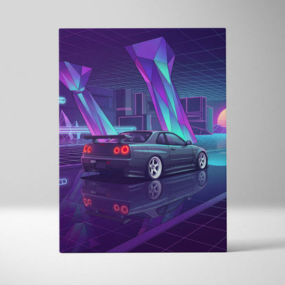 Nissan Skyline GT-R R34 Inspired Blue Purple Canvas Wall Art Vaporwave Neon City JDM Car Artwork, Cyberpunk Garage Decor