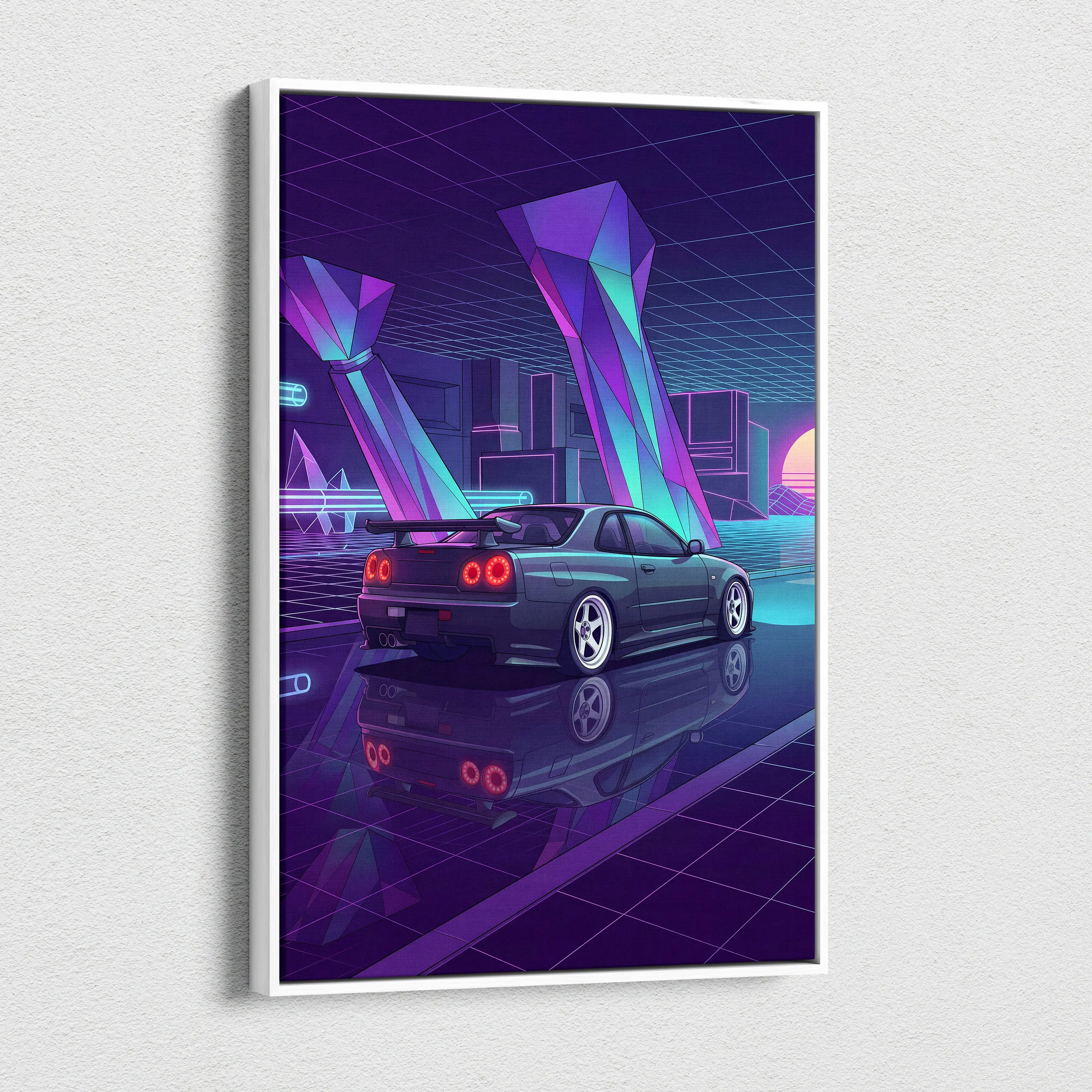 Nissan Skyline GT-R R34 Inspired Blue Purple Canvas Wall Art Vaporwave Neon City JDM Car Artwork, Cyberpunk Garage Decor
