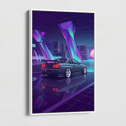 Nissan Skyline GT-R R34 Inspired Blue Purple Canvas Wall Art Vaporwave Neon City JDM Car Artwork, Cyberpunk Garage Decor