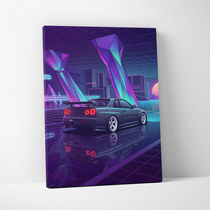 Nissan Skyline GT-R R34 Inspired Blue Purple Canvas Wall Art Vaporwave Neon City JDM Car Artwork, Cyberpunk Garage Decor