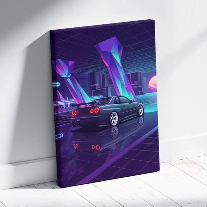 Nissan Skyline GT-R R34 Inspired Blue Purple Canvas Wall Art Vaporwave Neon City JDM Car Artwork, Cyberpunk Garage Decor