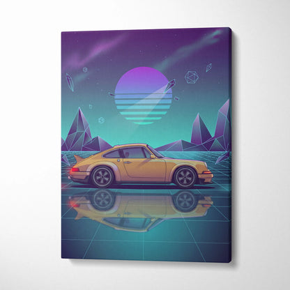 Porsche 911 Carrera Classic Inspired Yellow Teal Canvas Wall Art Vaporwave Neon Grid Classic Sports Car Artwork, Retro Garage Decor