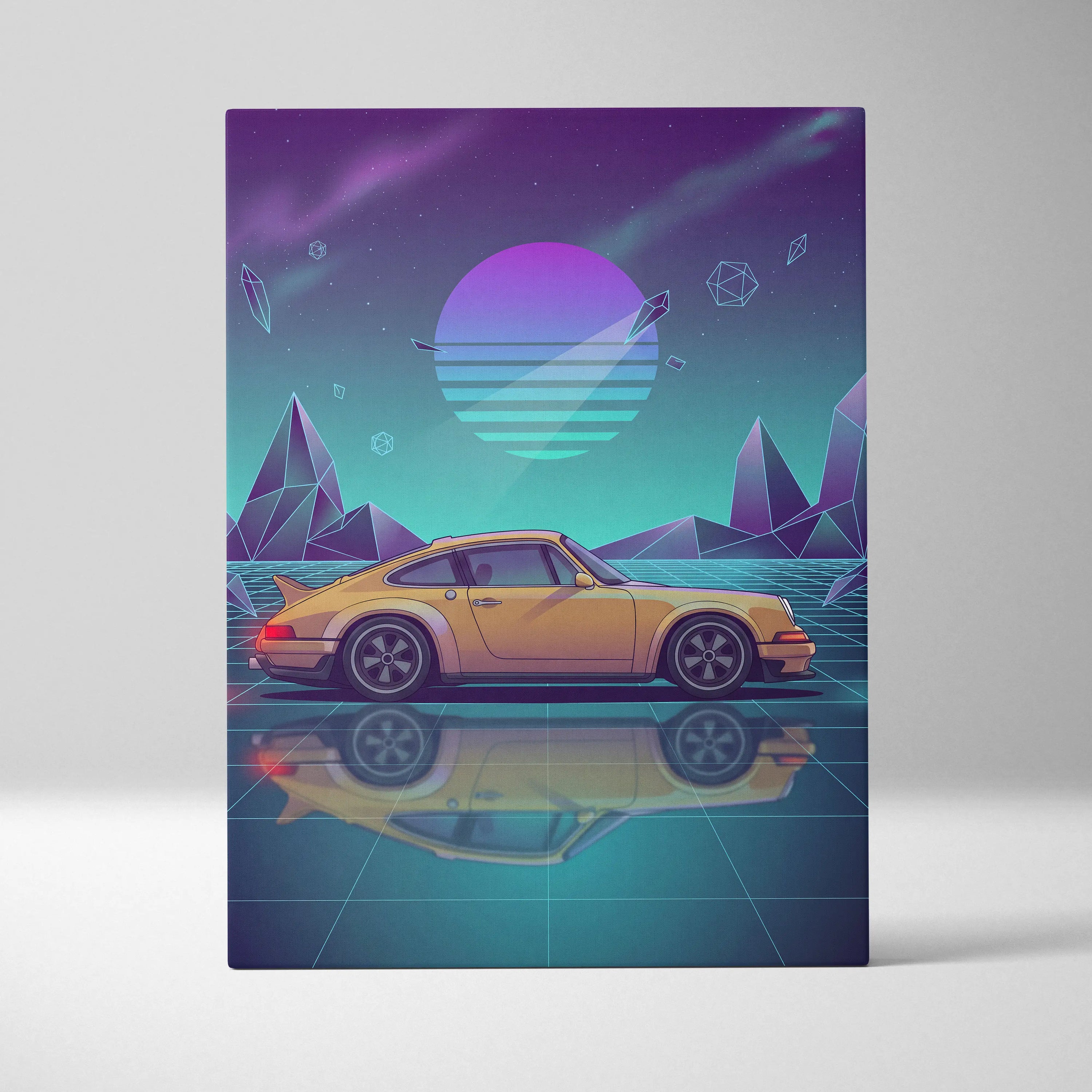 Porsche 911 Carrera Classic Inspired Yellow Teal Canvas Wall Art Vaporwave Neon Grid Classic Sports Car Artwork, Retro Garage Decor