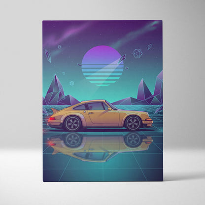 Porsche 911 Carrera Classic Inspired Yellow Teal Canvas Wall Art Vaporwave Neon Grid Classic Sports Car Artwork, Retro Garage Decor