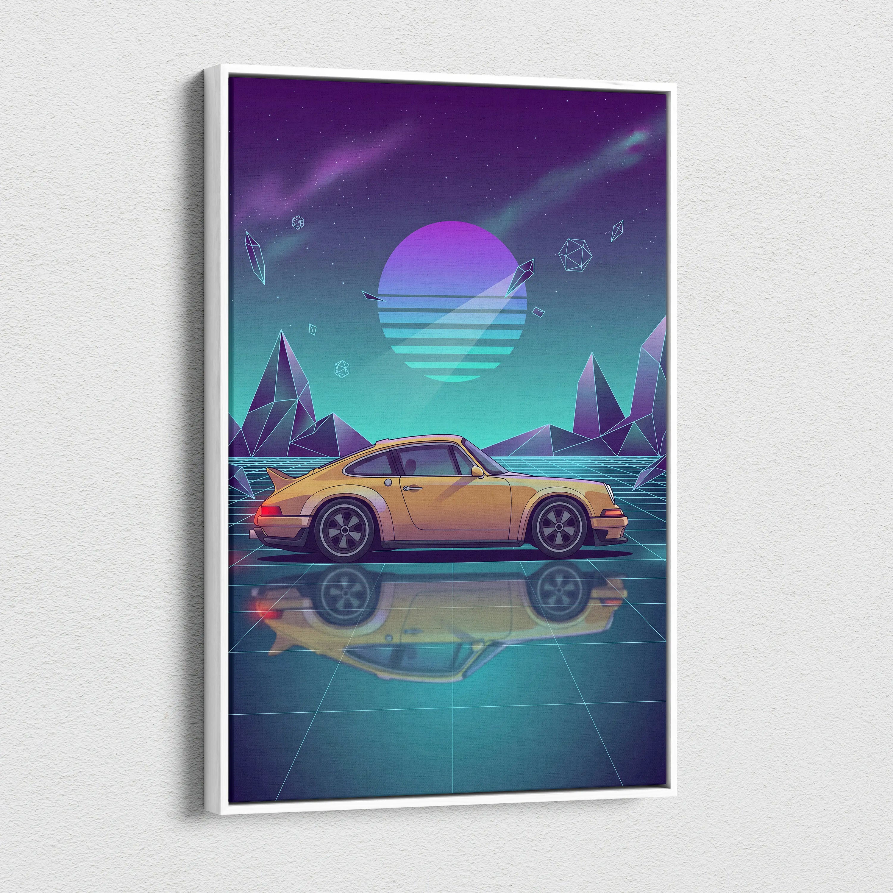 Porsche 911 Carrera Classic Inspired Yellow Teal Canvas Wall Art Vaporwave Neon Grid Classic Sports Car Artwork, Retro Garage Decor