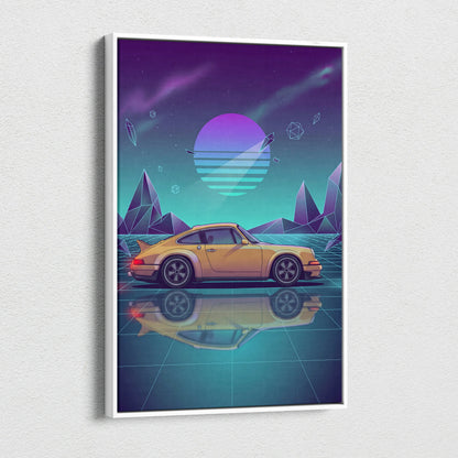 Porsche 911 Carrera Classic Inspired Yellow Teal Canvas Wall Art Vaporwave Neon Grid Classic Sports Car Artwork, Retro Garage Decor