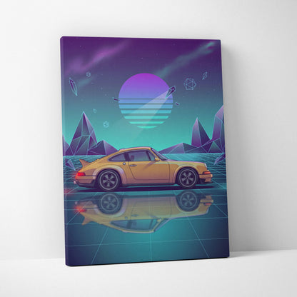 Porsche 911 Carrera Classic Inspired Yellow Teal Canvas Wall Art Vaporwave Neon Grid Classic Sports Car Artwork, Retro Garage Decor