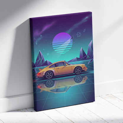 Porsche 911 Carrera Classic Inspired Yellow Teal Canvas Wall Art Vaporwave Neon Grid Classic Sports Car Artwork, Retro Garage Decor