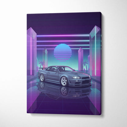 Nissan Skyline GT-R R34 Inspired Gray Purple Canvas Wall Art Vaporwave Neon Crystal JDM Car Artwork, Retro Cyberpunk Garage Decor