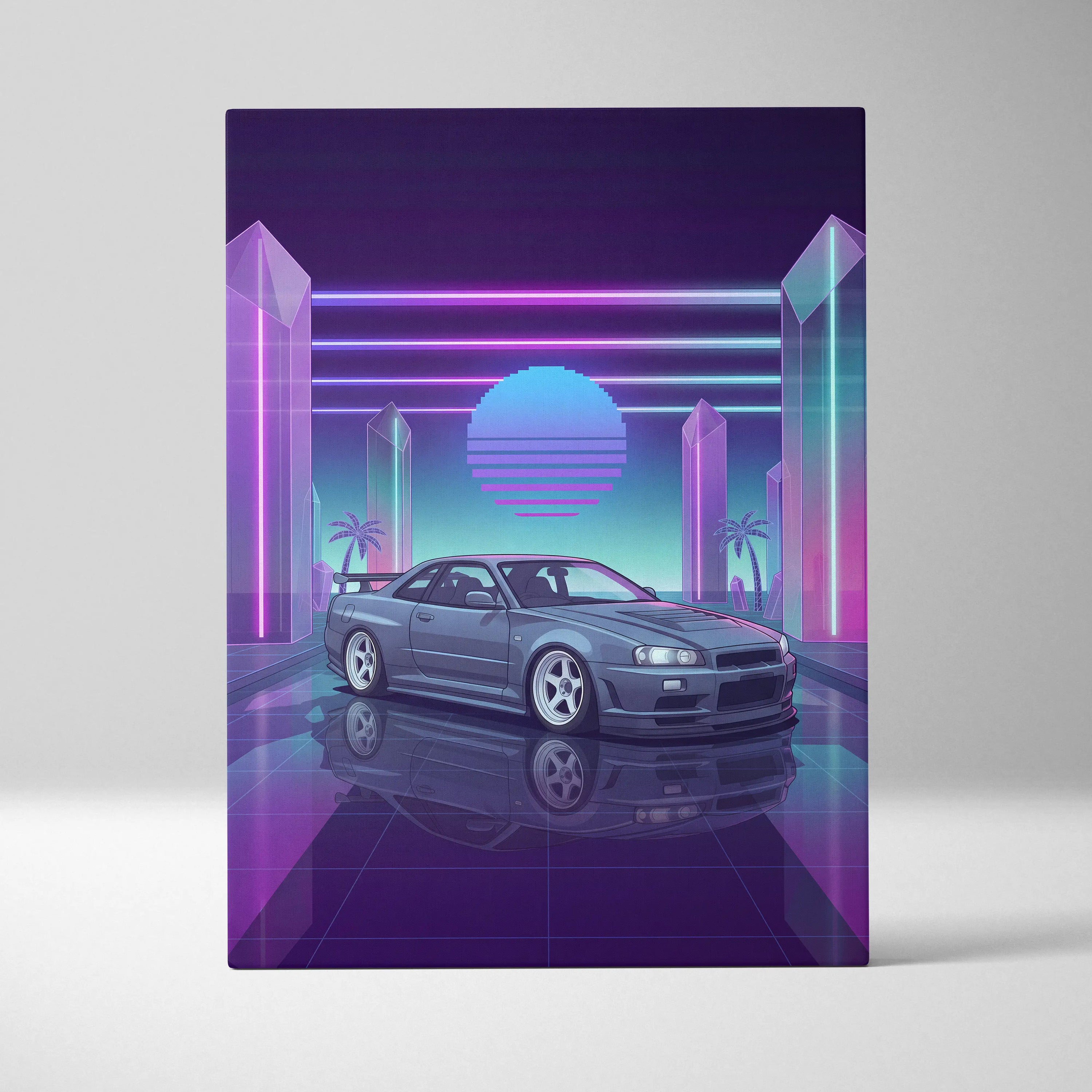 Nissan Skyline GT-R R34 Inspired Gray Purple Canvas Wall Art Vaporwave Neon Crystal JDM Car Artwork, Retro Cyberpunk Garage Decor