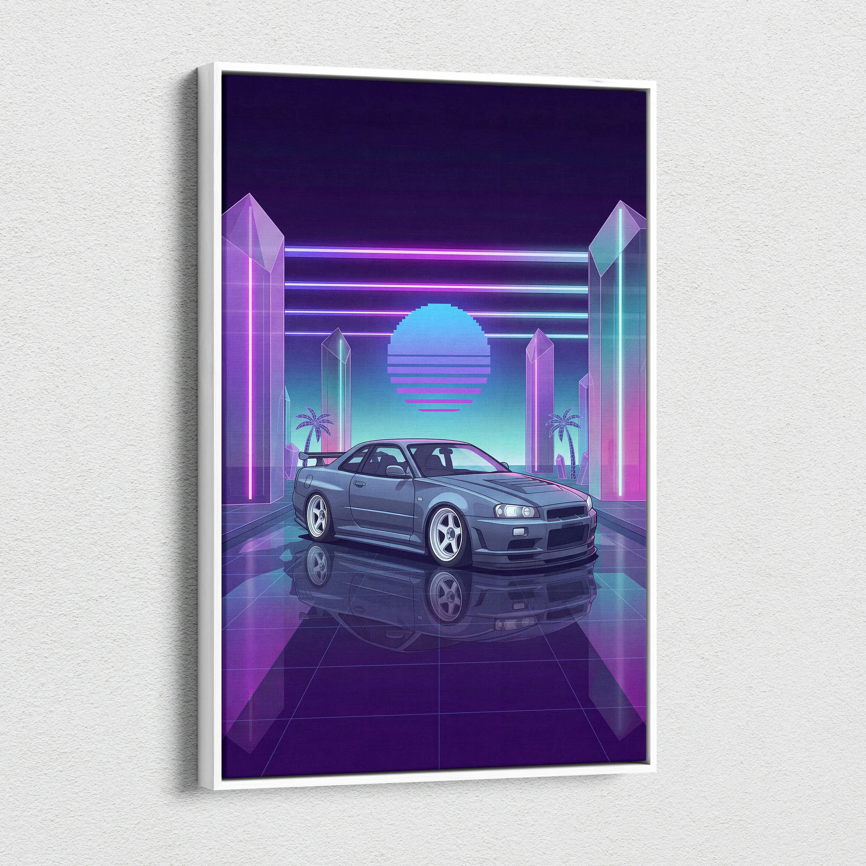 Nissan Skyline GT-R R34 Inspired Gray Purple Canvas Wall Art Vaporwave Neon Crystal JDM Car Artwork, Retro Cyberpunk Garage Decor