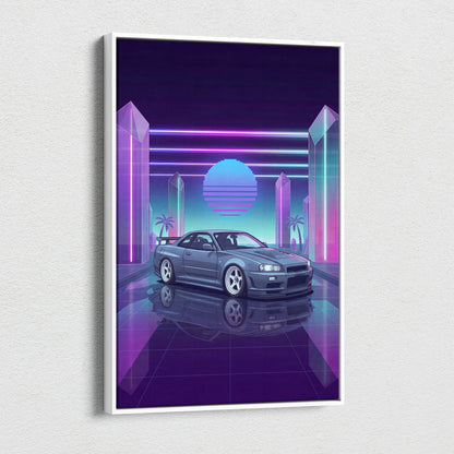 Nissan Skyline GT-R R34 Inspired Gray Purple Canvas Wall Art Vaporwave Neon Crystal JDM Car Artwork, Retro Cyberpunk Garage Decor