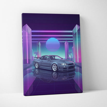 Nissan Skyline GT-R R34 Inspired Gray Purple Canvas Wall Art Vaporwave Neon Crystal JDM Car Artwork, Retro Cyberpunk Garage Decor