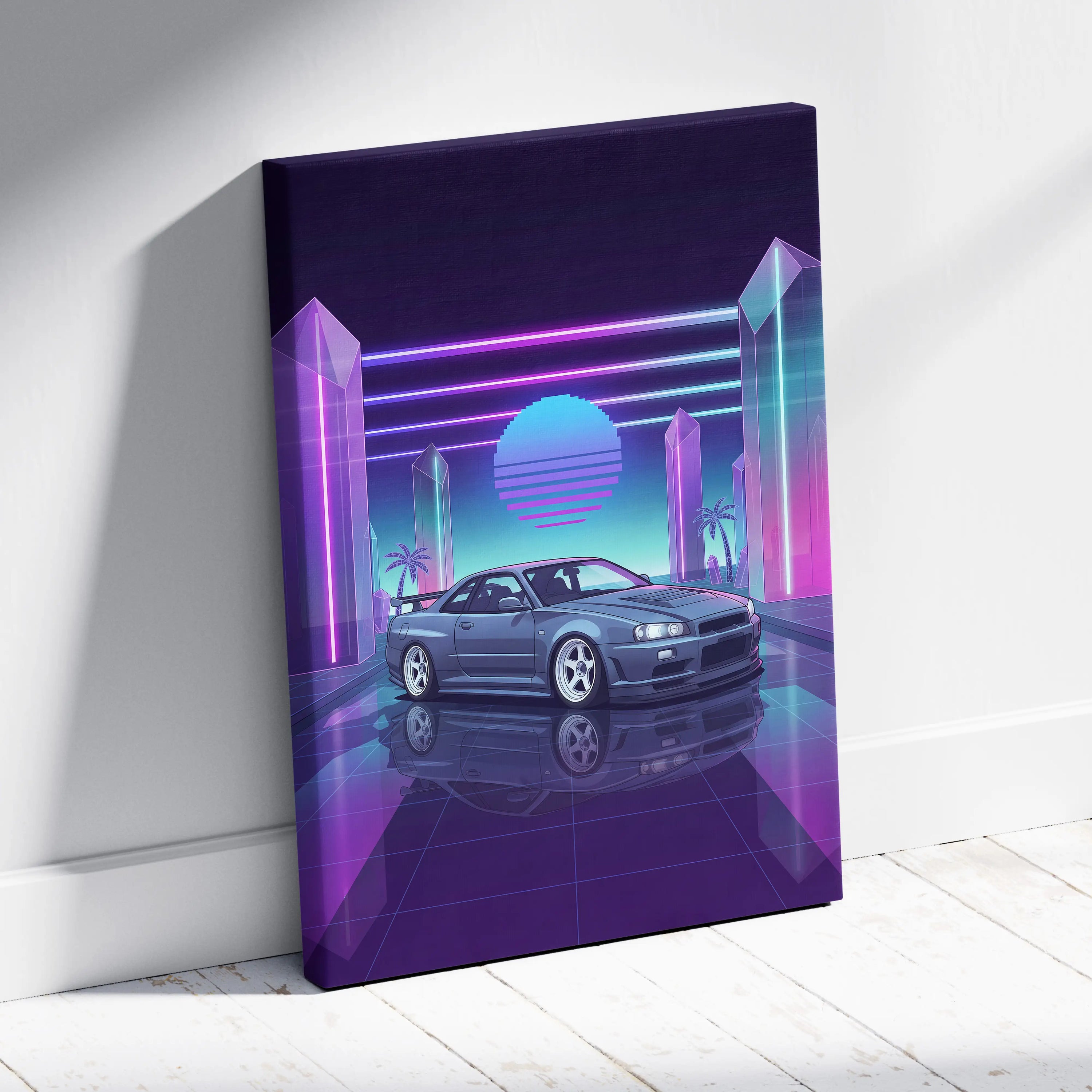 Nissan Skyline GT-R R34 Inspired Gray Purple Canvas Wall Art Vaporwave Neon Crystal JDM Car Artwork, Retro Cyberpunk Garage Decor