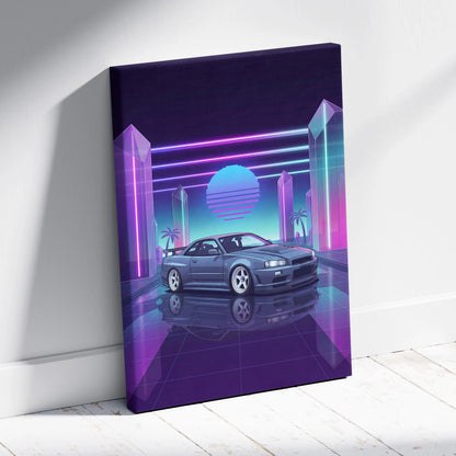 Nissan Skyline GT-R R34 Inspired Gray Purple Canvas Wall Art Vaporwave Neon Crystal JDM Car Artwork, Retro Cyberpunk Garage Decor