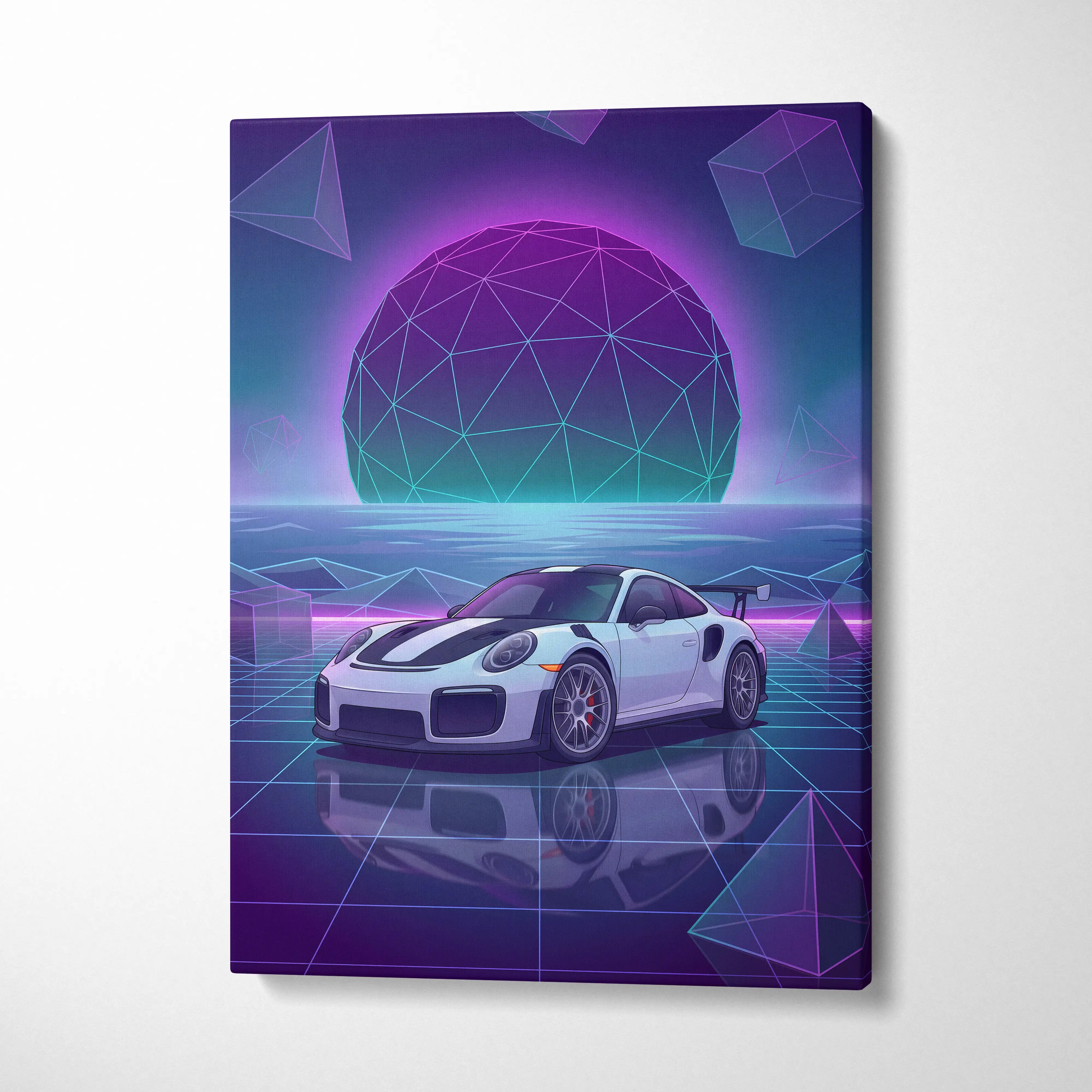 Porsche 911 GT2 RS Inspired White Purple Canvas Wall Art Vaporwave Neon Grid Sports Car Artwork, Futuristic Garage Decor
