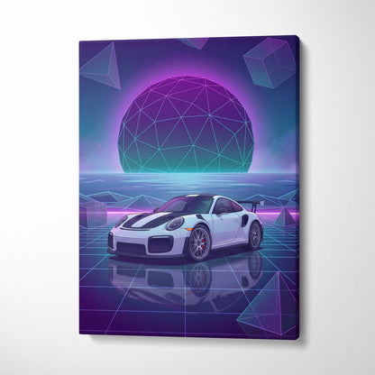 Porsche 911 GT2 RS Inspired White Purple Canvas Wall Art Vaporwave Neon Grid Sports Car Artwork, Futuristic Garage Decor