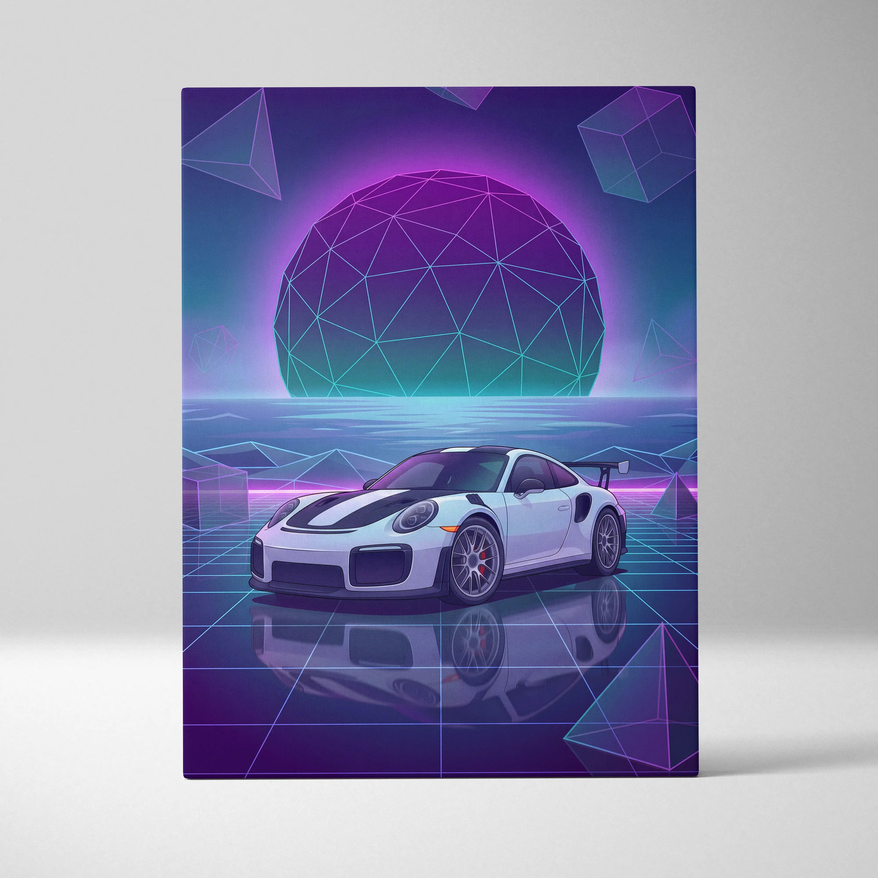 Porsche 911 GT2 RS Inspired White Purple Canvas Wall Art Vaporwave Neon Grid Sports Car Artwork, Futuristic Garage Decor