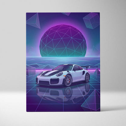 Porsche 911 GT2 RS Inspired White Purple Canvas Wall Art Vaporwave Neon Grid Sports Car Artwork, Futuristic Garage Decor