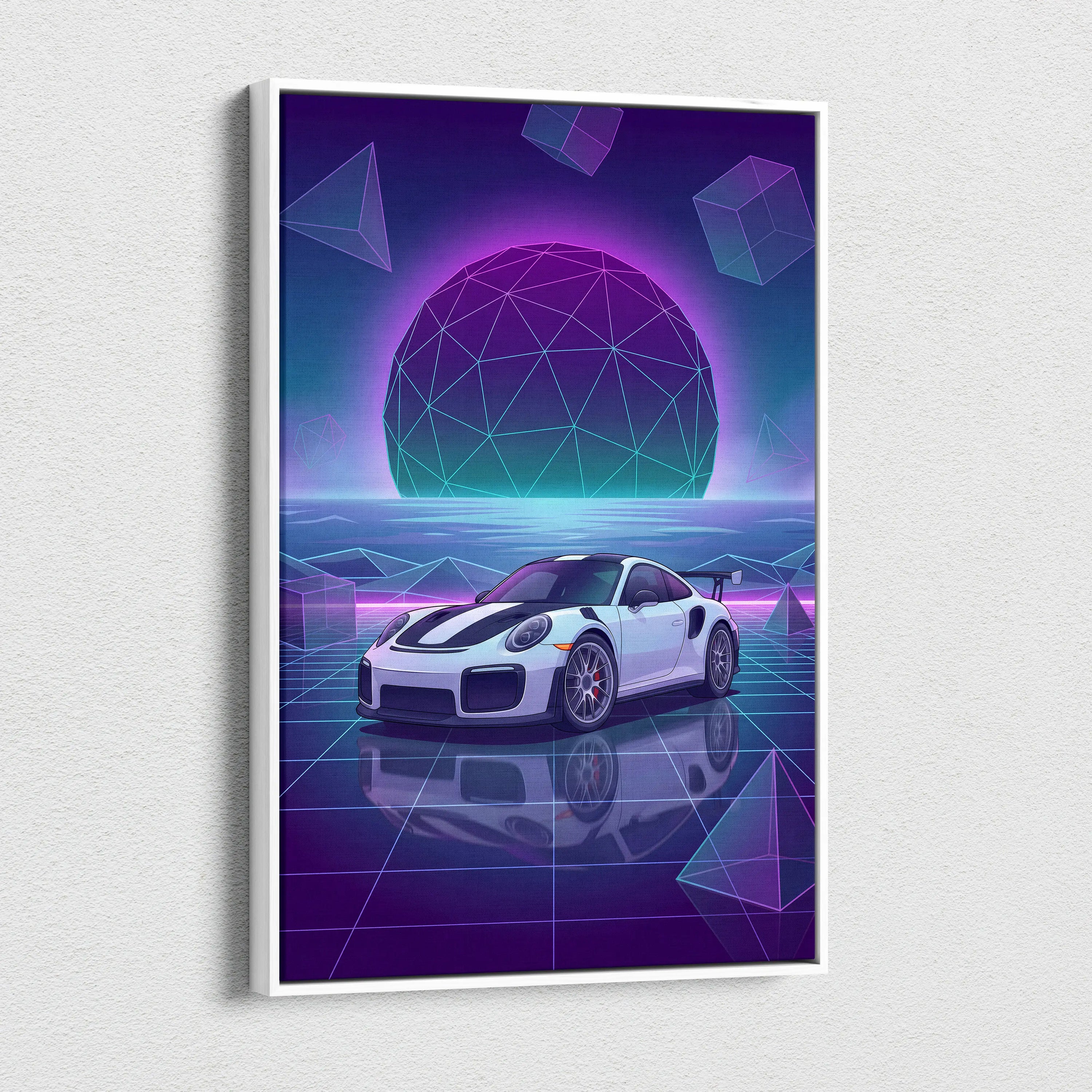 Porsche 911 GT2 RS Inspired White Purple Canvas Wall Art Vaporwave Neon Grid Sports Car Artwork, Futuristic Garage Decor