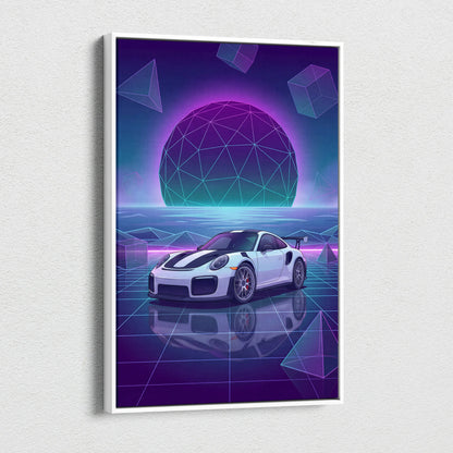 Porsche 911 GT2 RS Inspired White Purple Canvas Wall Art Vaporwave Neon Grid Sports Car Artwork, Futuristic Garage Decor