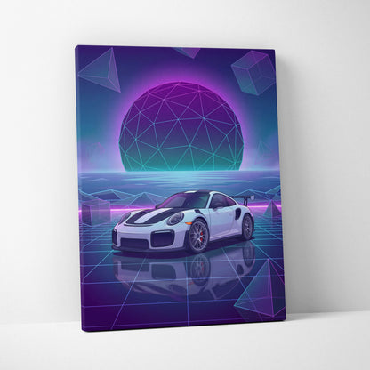 Porsche 911 GT2 RS Inspired White Purple Canvas Wall Art Vaporwave Neon Grid Sports Car Artwork, Futuristic Garage Decor