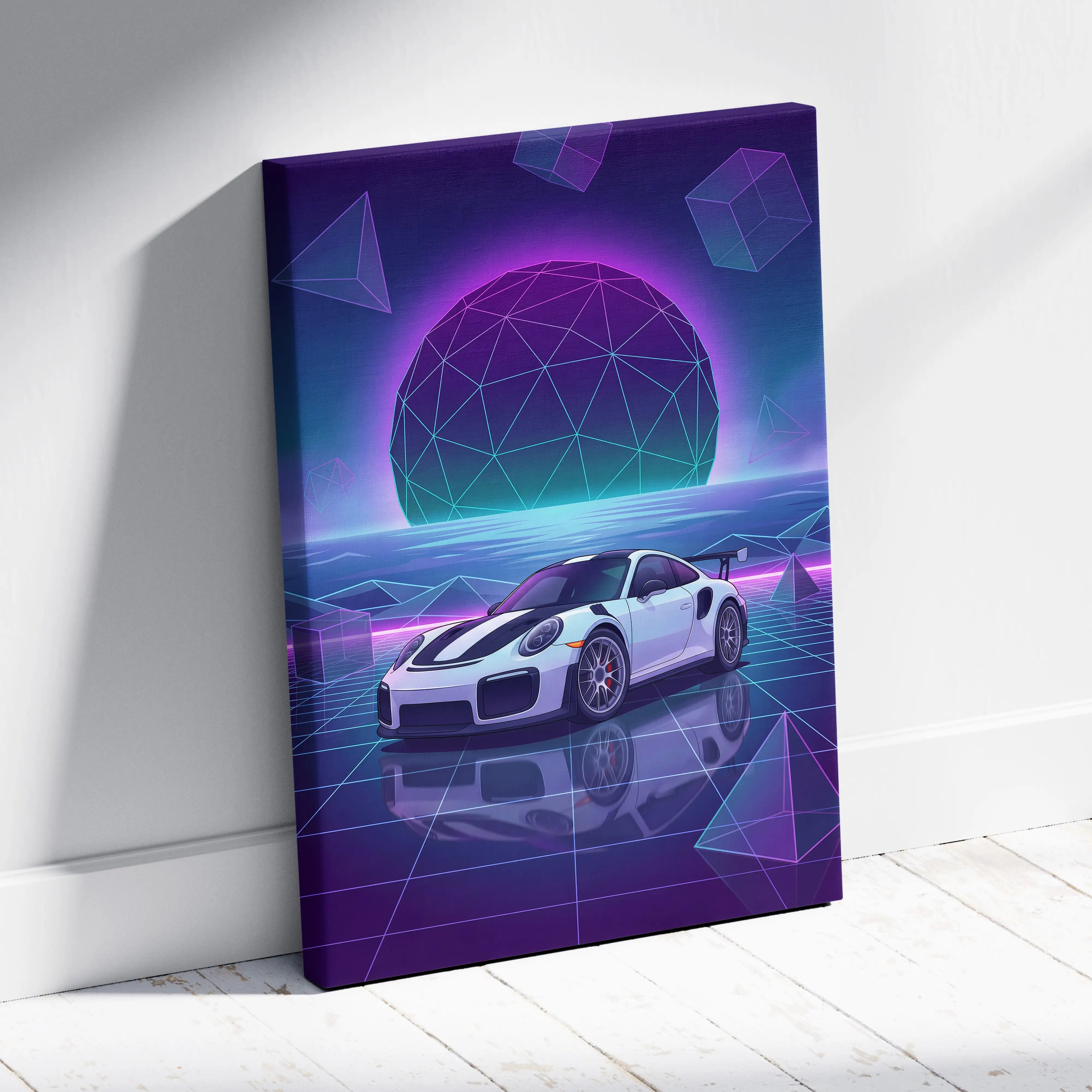 Porsche 911 GT2 RS Inspired White Purple Canvas Wall Art Vaporwave Neon Grid Sports Car Artwork, Futuristic Garage Decor