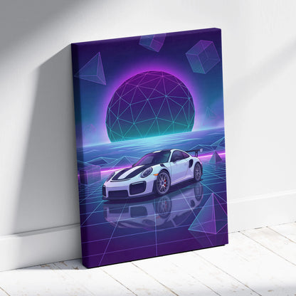Porsche 911 GT2 RS Inspired White Purple Canvas Wall Art Vaporwave Neon Grid Sports Car Artwork, Futuristic Garage Decor
