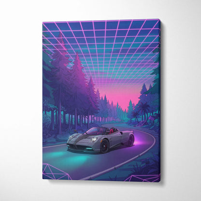 Pagani Huayra Roadster Inspired Gray Purple Canvas Wall Art Vaporwave Neon Forest Hypercar Artwork, Dreamy Cyberpunk Garage Decor