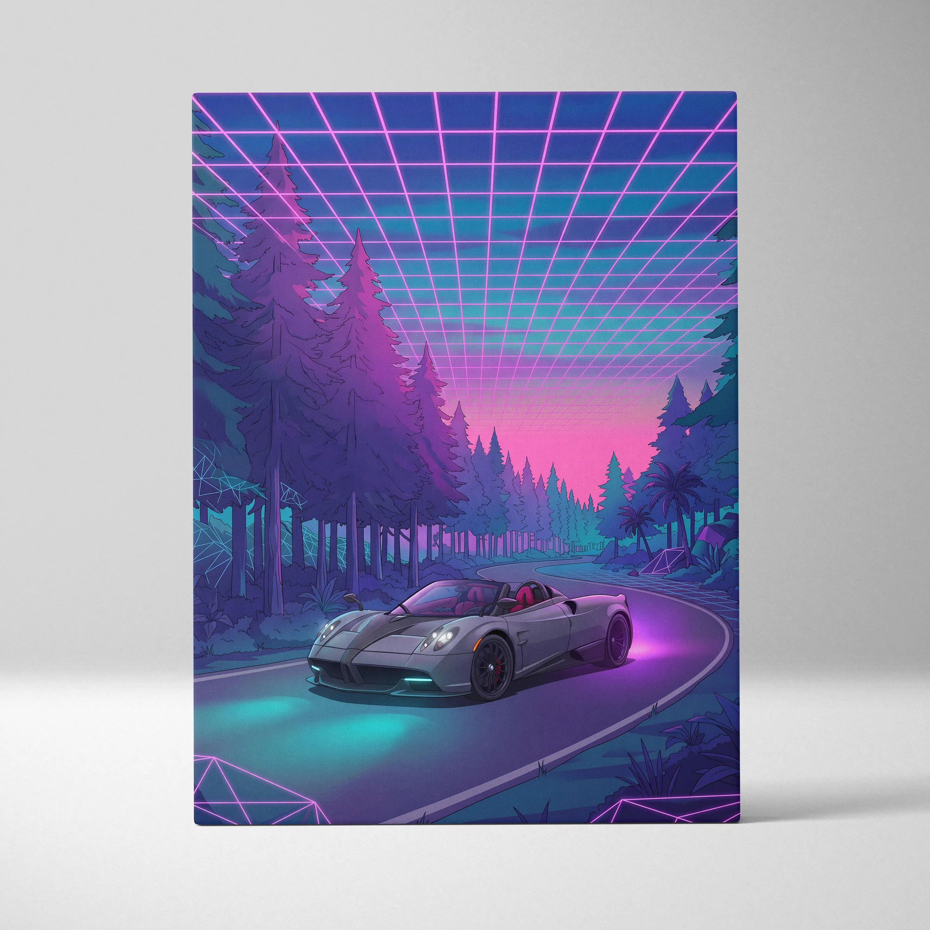 Pagani Huayra Roadster Inspired Gray Purple Canvas Wall Art Vaporwave Neon Forest Hypercar Artwork, Dreamy Cyberpunk Garage Decor