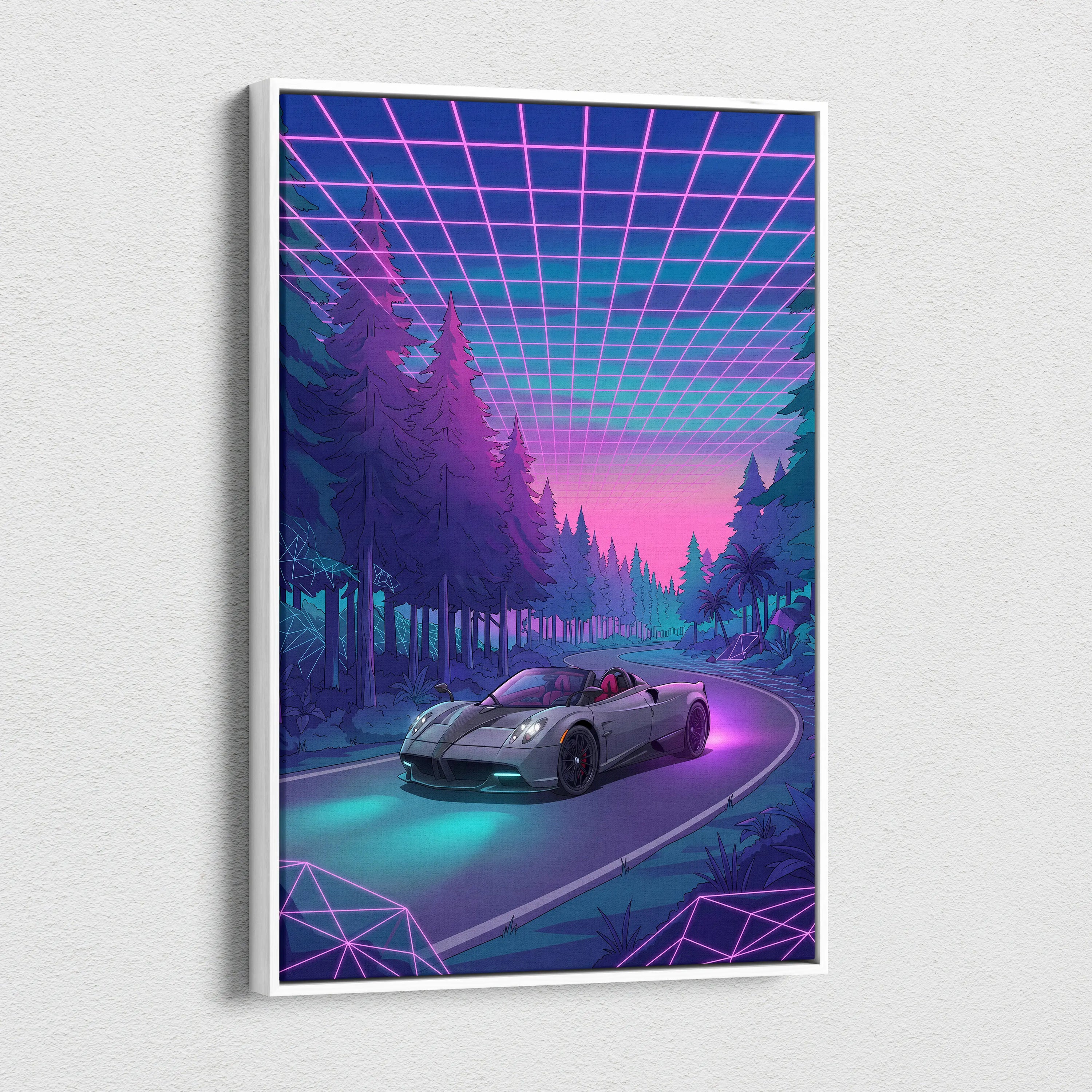 Pagani Huayra Roadster Inspired Gray Purple Canvas Wall Art Vaporwave Neon Forest Hypercar Artwork, Dreamy Cyberpunk Garage Decor