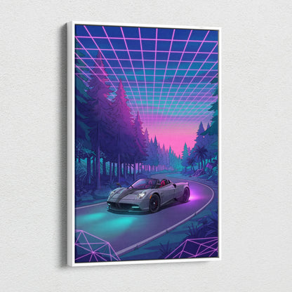 Pagani Huayra Roadster Inspired Gray Purple Canvas Wall Art Vaporwave Neon Forest Hypercar Artwork, Dreamy Cyberpunk Garage Decor