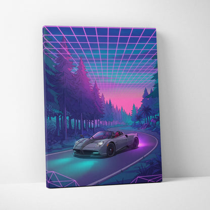 Pagani Huayra Roadster Inspired Gray Purple Canvas Wall Art Vaporwave Neon Forest Hypercar Artwork, Dreamy Cyberpunk Garage Decor