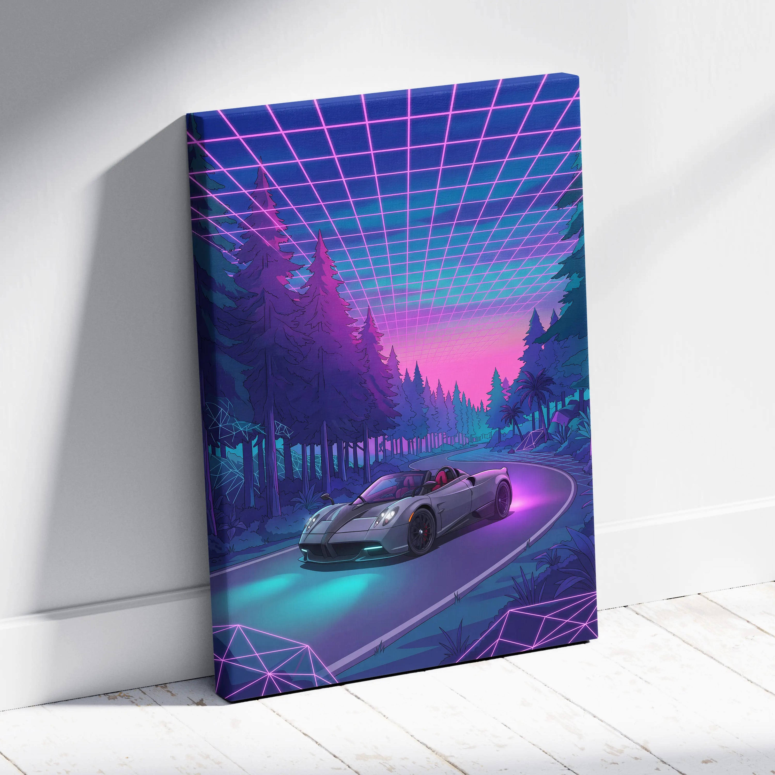 Pagani Huayra Roadster Inspired Gray Purple Canvas Wall Art Vaporwave Neon Forest Hypercar Artwork, Dreamy Cyberpunk Garage Decor