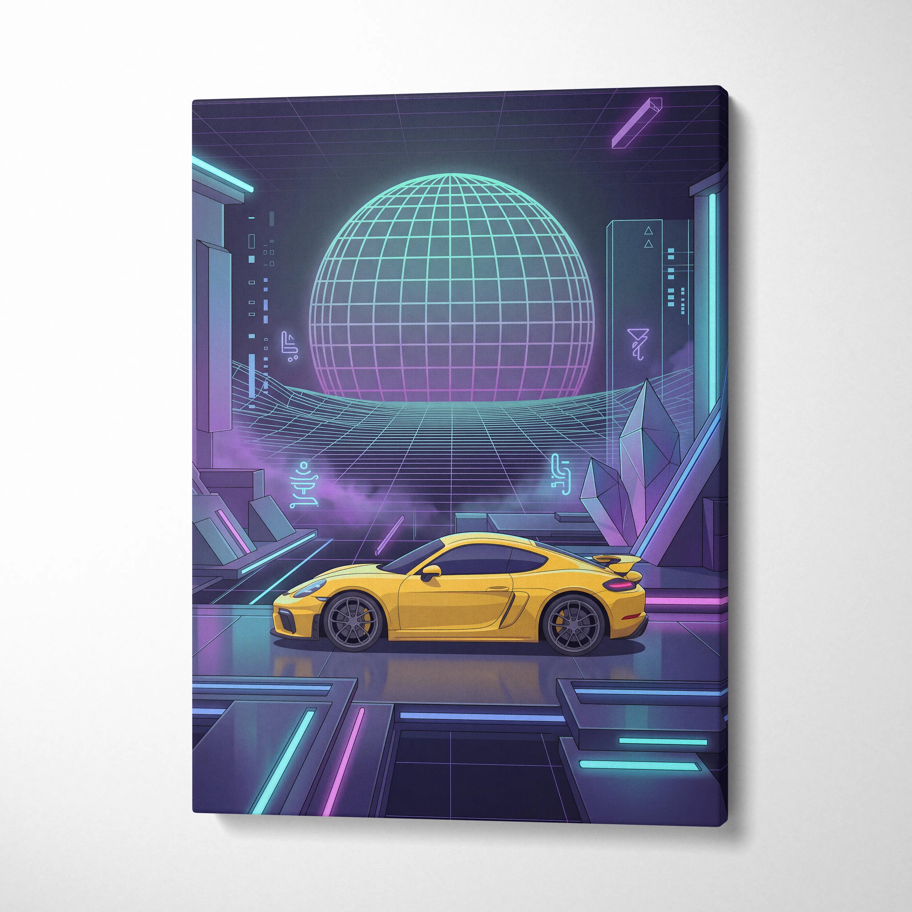 Porsche 718 Cayman GT4 Inspired Yellow Purple Canvas Wall Art Vaporwave Neon Grid Sports Car Artwork, Futuristic Garage Decor