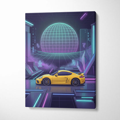 Porsche 718 Cayman GT4 Inspired Yellow Purple Canvas Wall Art Vaporwave Neon Grid Sports Car Artwork, Futuristic Garage Decor
