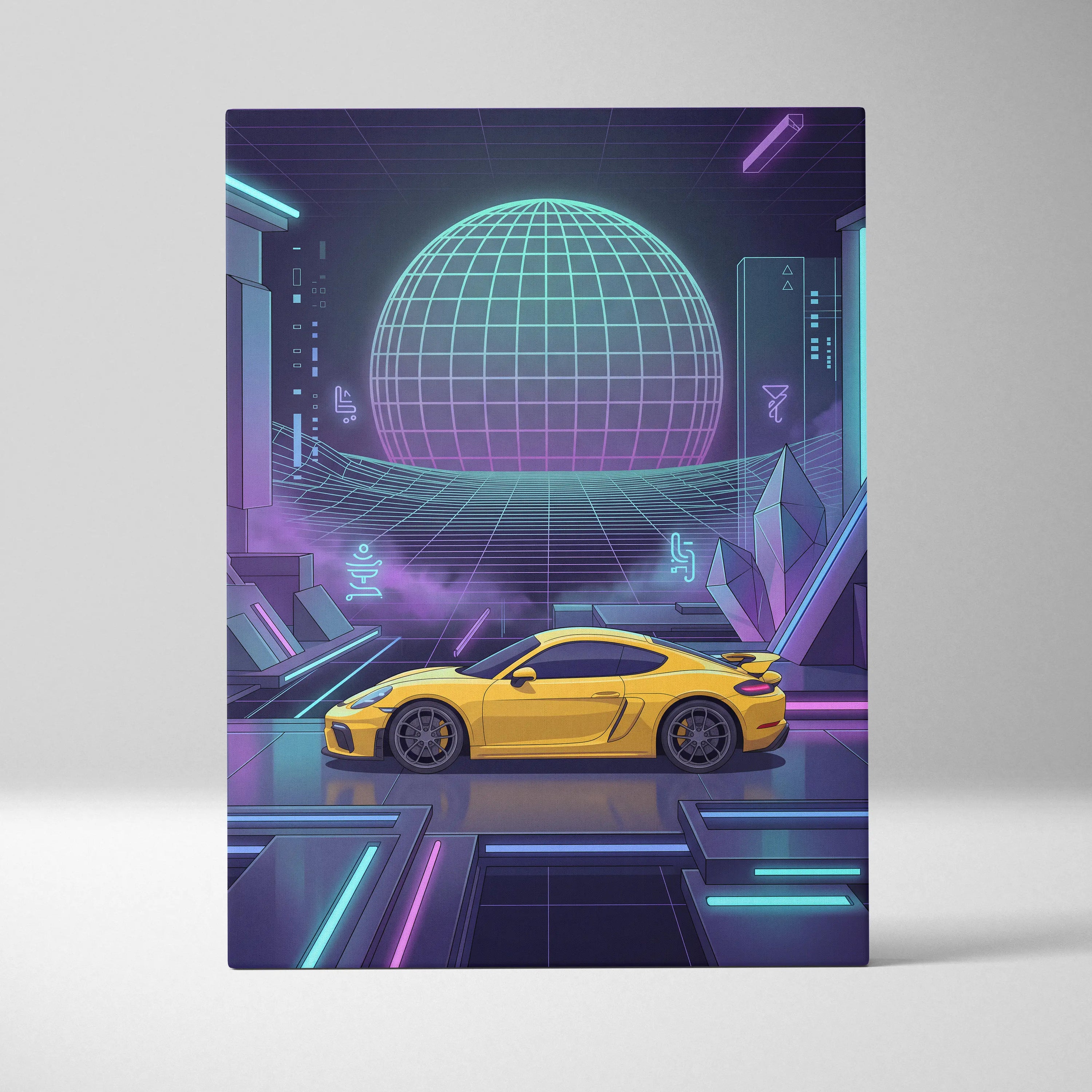 Porsche 718 Cayman GT4 Inspired Yellow Purple Canvas Wall Art Vaporwave Neon Grid Sports Car Artwork, Futuristic Garage Decor