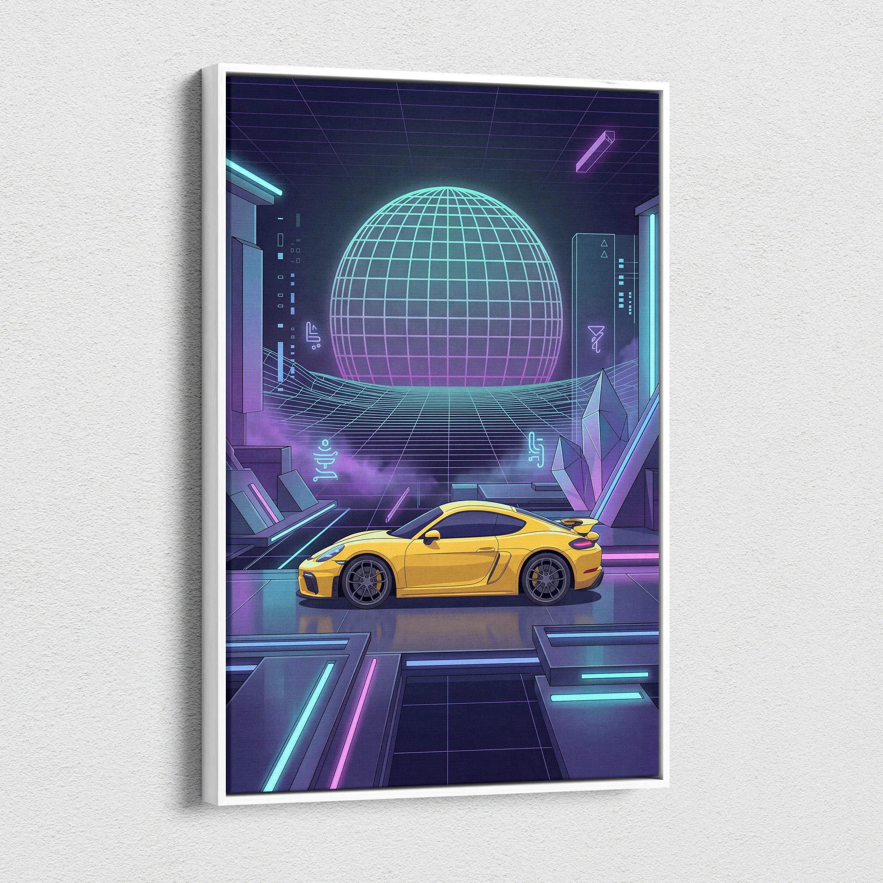 Porsche 718 Cayman GT4 Inspired Yellow Purple Canvas Wall Art Vaporwave Neon Grid Sports Car Artwork, Futuristic Garage Decor