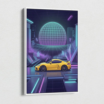 Porsche 718 Cayman GT4 Inspired Yellow Purple Canvas Wall Art Vaporwave Neon Grid Sports Car Artwork, Futuristic Garage Decor