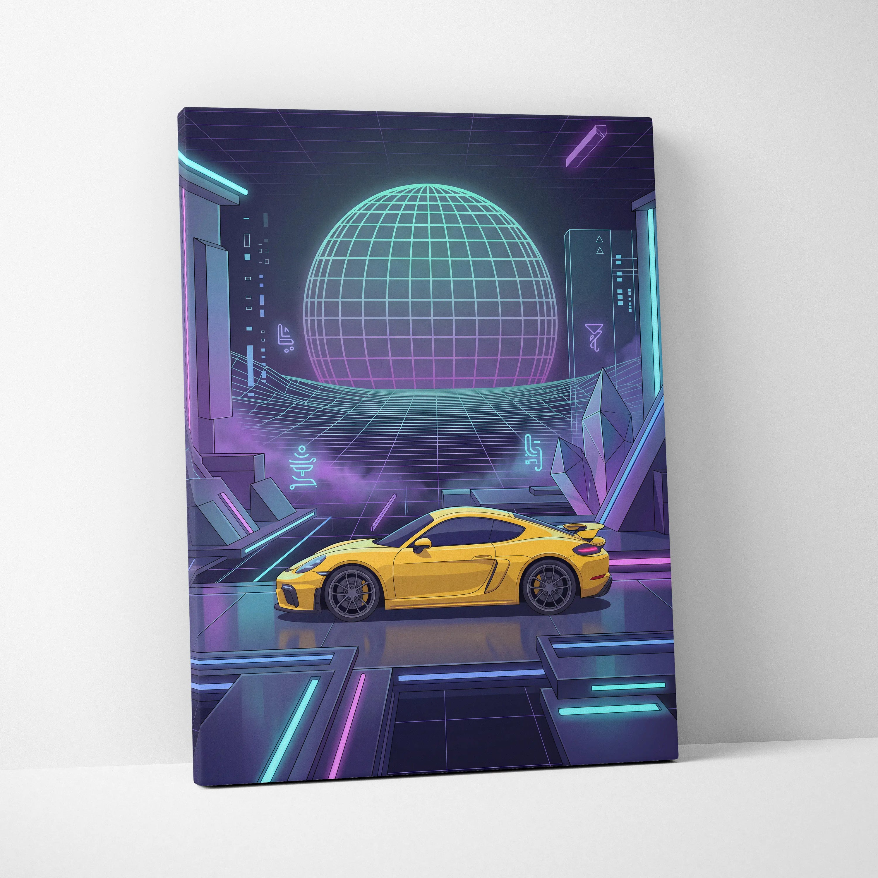 Porsche 718 Cayman GT4 Inspired Yellow Purple Canvas Wall Art Vaporwave Neon Grid Sports Car Artwork, Futuristic Garage Decor